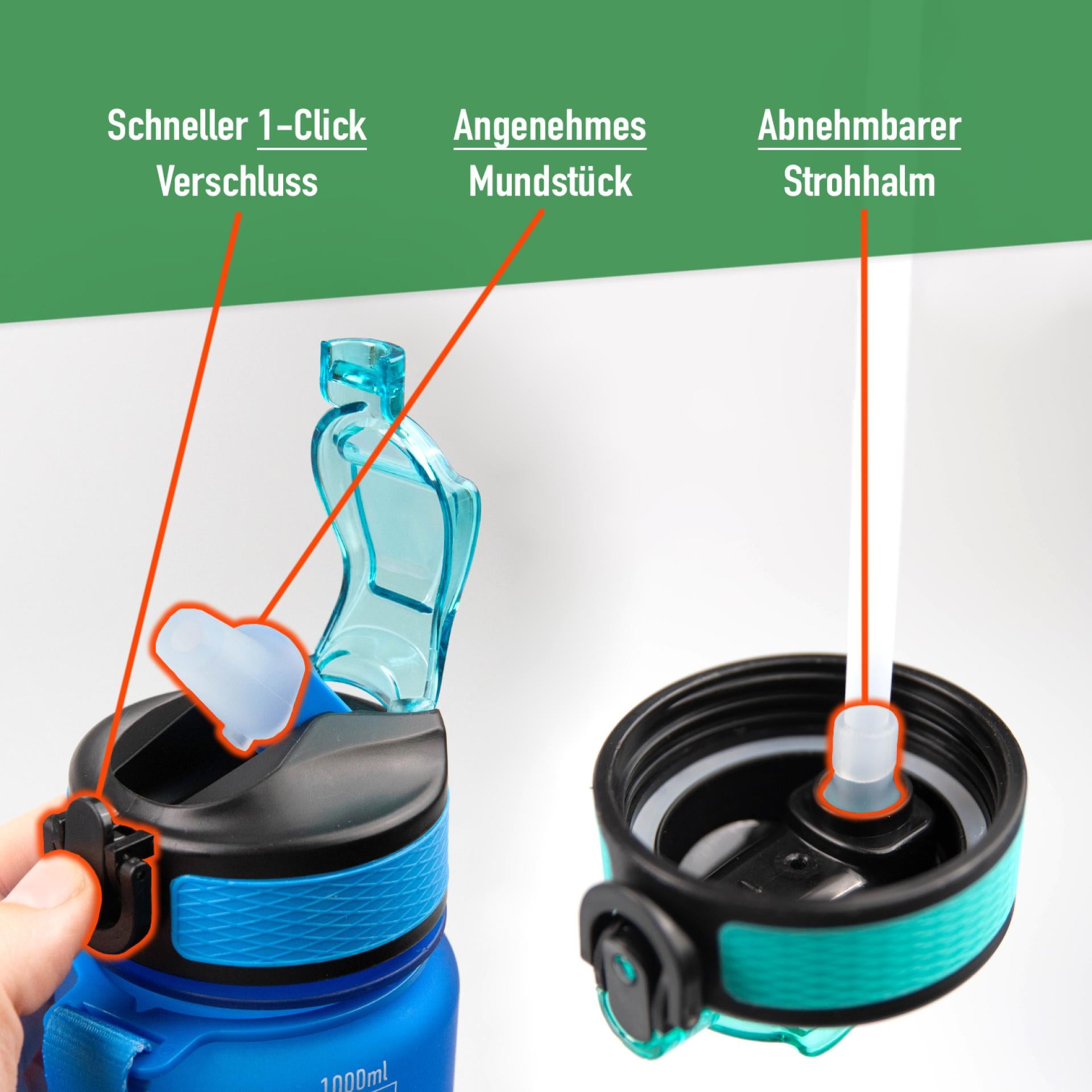 MOTIWATER Trinkflasche mit motivierenden Sprüchen & Uhrzeit - Variante: Grün (Schrift weiss)