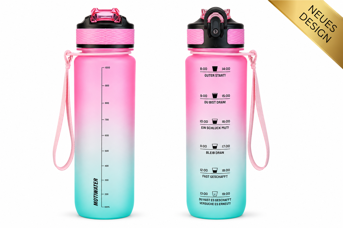 MOTIWATER Trinkflasche mit motivierenden Sprüchen & Uhrzeit - Variante: Türkis / Pink (Schrift schwarz)