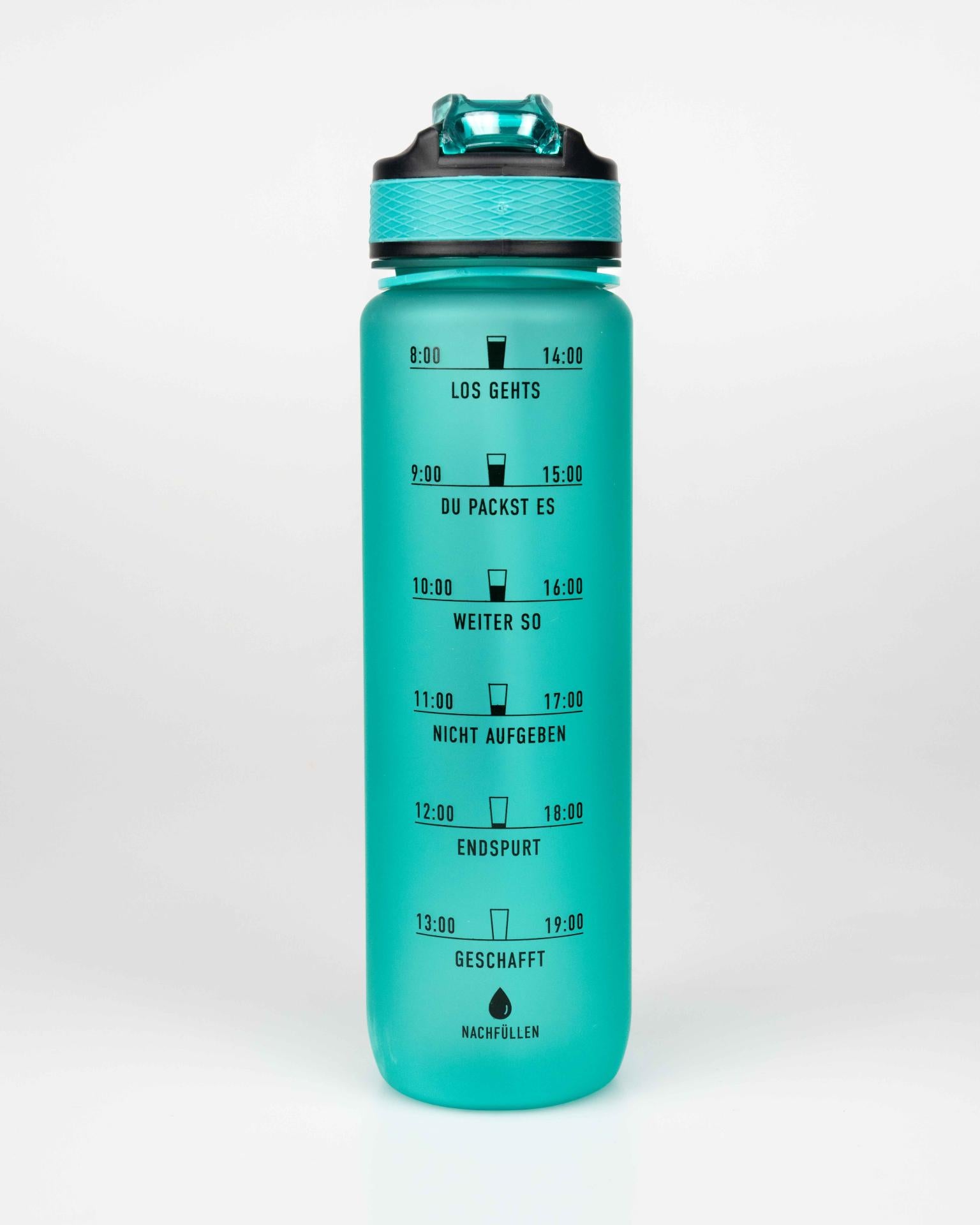 MOTIWATER Trinkflasche mit motivierenden Sprüchen & Uhrzeit - Variante: Grün (Schrift schwarz)