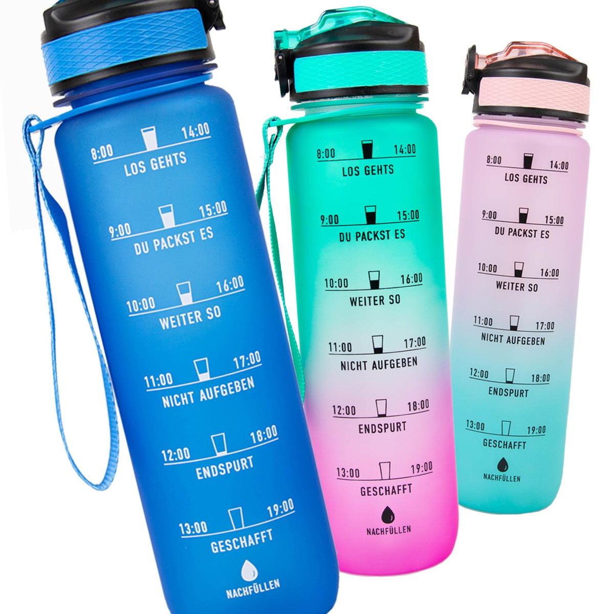 MOTIWATER Trinkflasche mit motivierenden Sprüchen & Uhrzeit - Variante: Grün / Pink (Schrift schwarz)