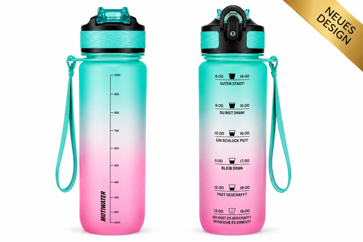 MOTIWATER Trinkflasche mit motivierenden Sprüchen & Uhrzeit - Variante: Grün / Pink (Schrift schwarz)