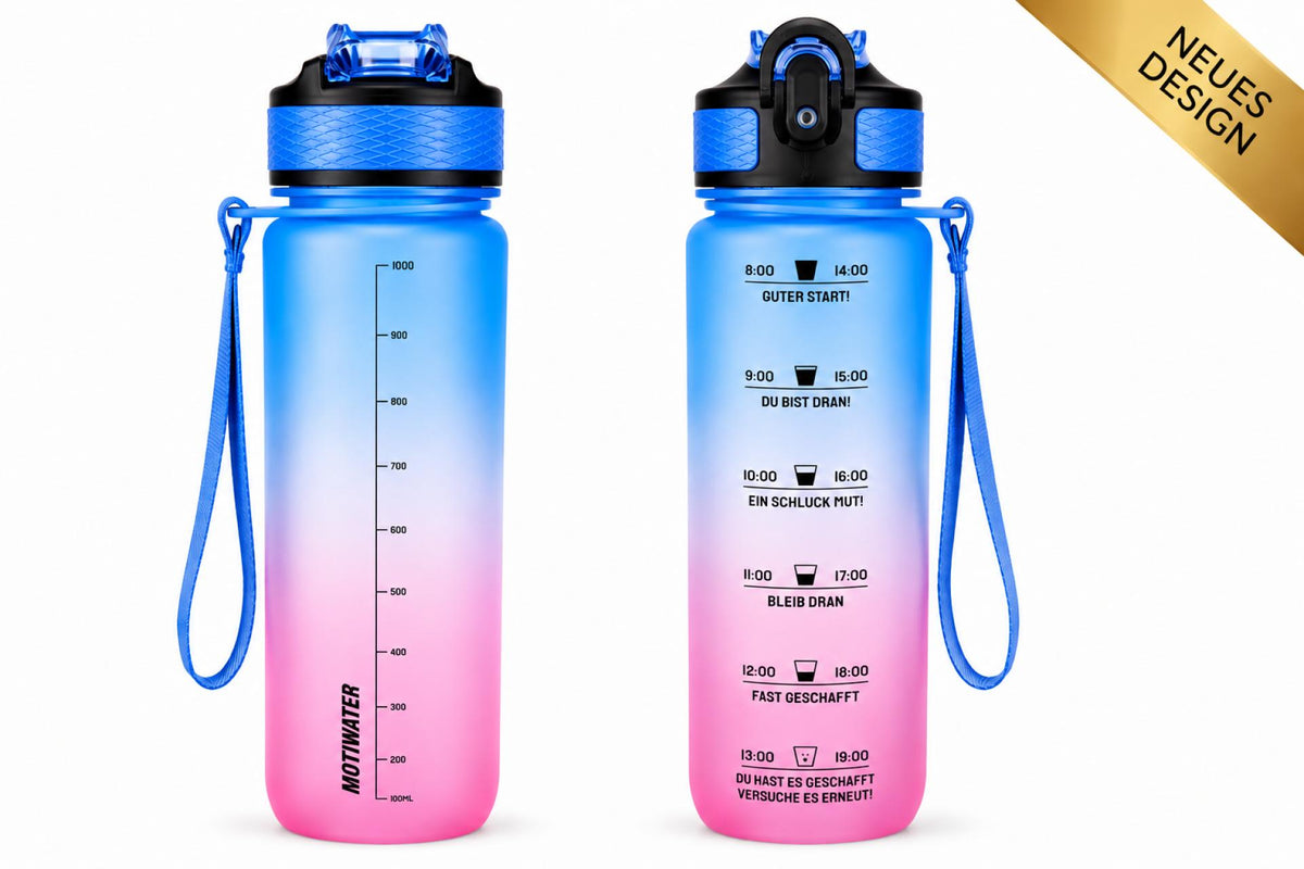 MOTIWATER Trinkflasche mit motivierenden Sprüchen & Uhrzeit - Variante: Lila / Blau (Schrift schwarz)
