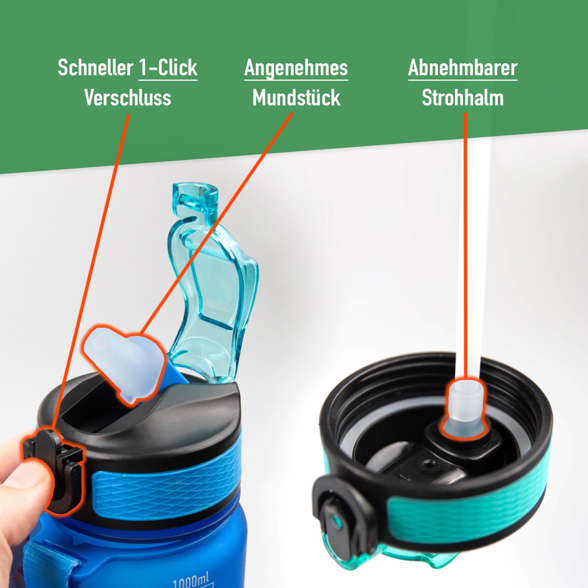 MOTIWATER Trinkflasche mit motivierenden Sprüchen & Uhrzeit - Variante: Grün / Lila