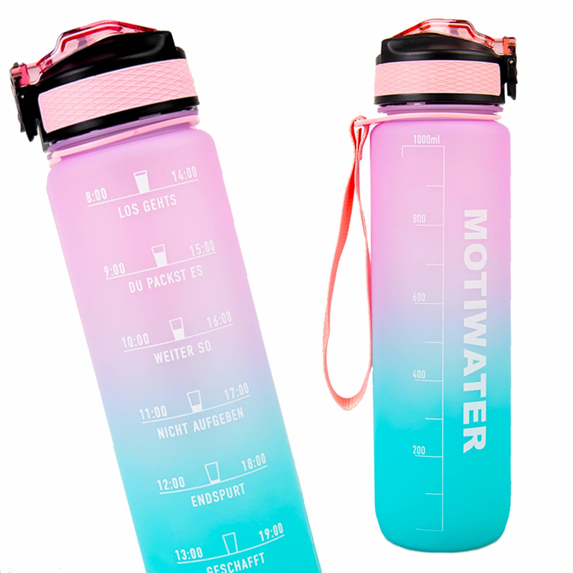 MOTIWATER Trinkflasche mit Motivierenden Sprüchen & Uhrzeit auf deutsch dein motivierender Trinkbegleiter - Variante: Türkis / Pink / Weiß