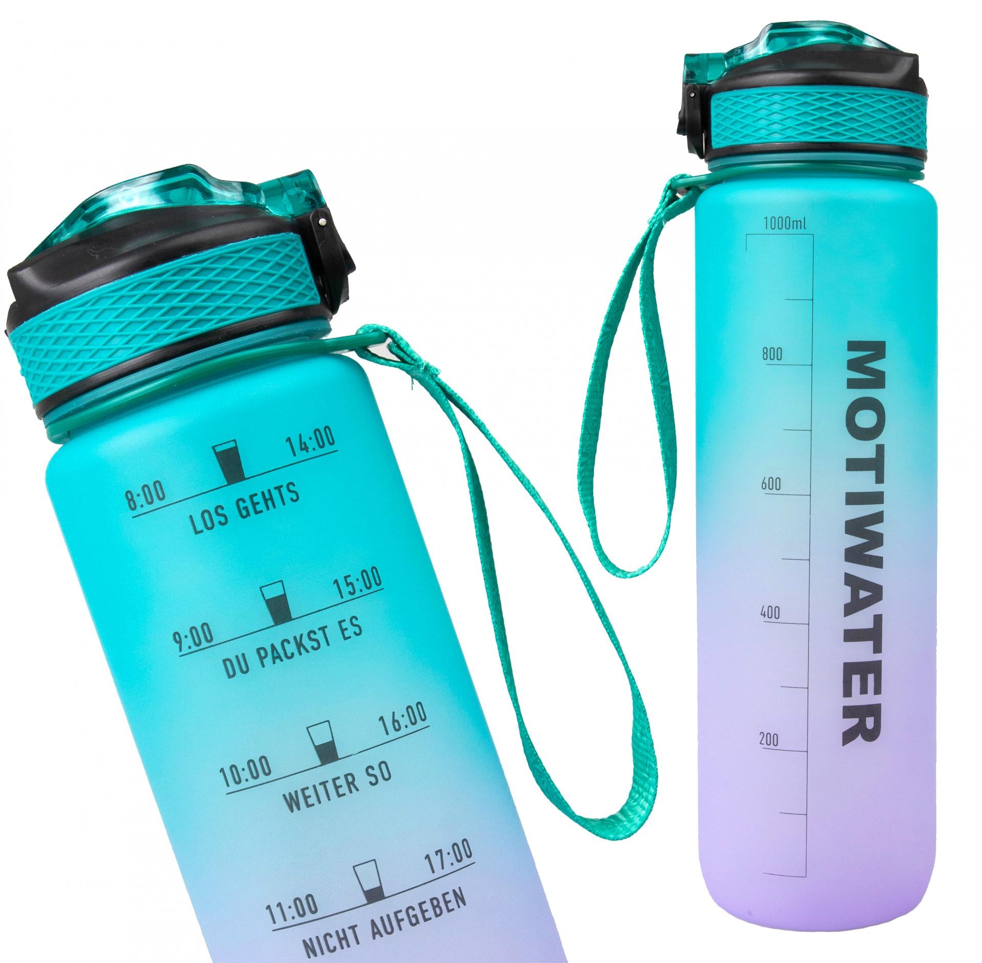 Motivierende Trinkflasche "MOTIWATER" - Variante: Türkis / Violett