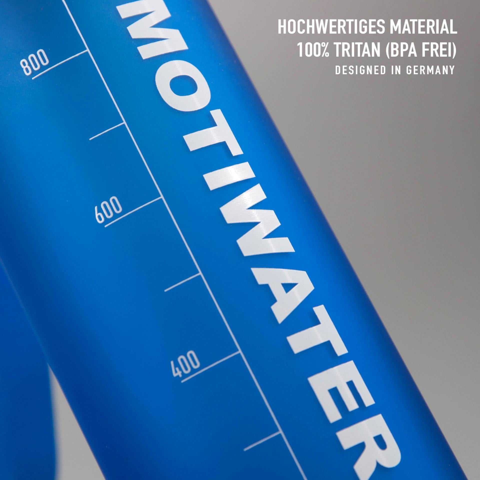 MOTIWATER Trinkflasche mit motivierenden Sprüchen & Uhrzeit - Variante: Blau / Weiß