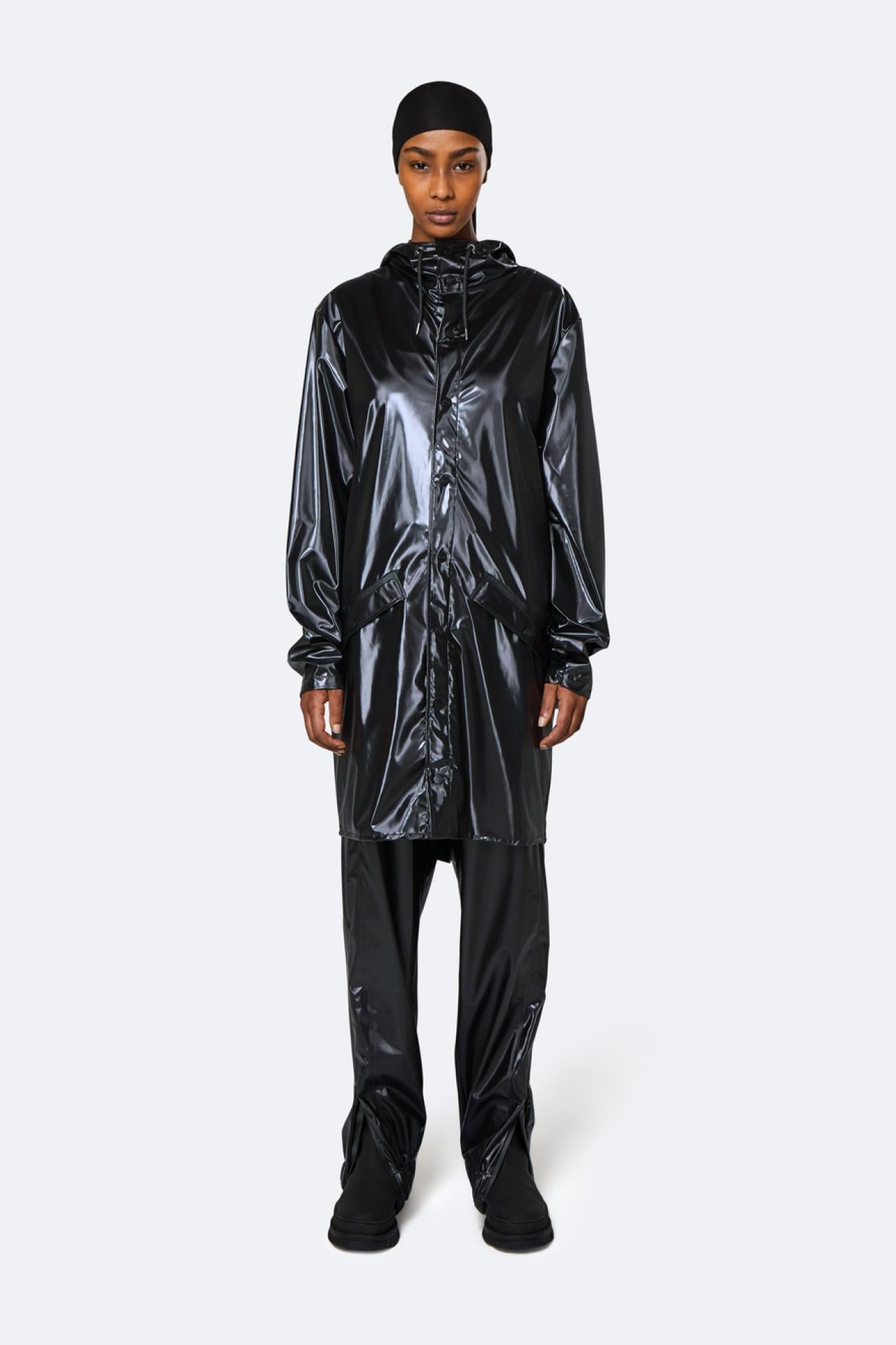 Rains Regenjacke Long Jacket 1202 Shiny Black - Größe: XS/S