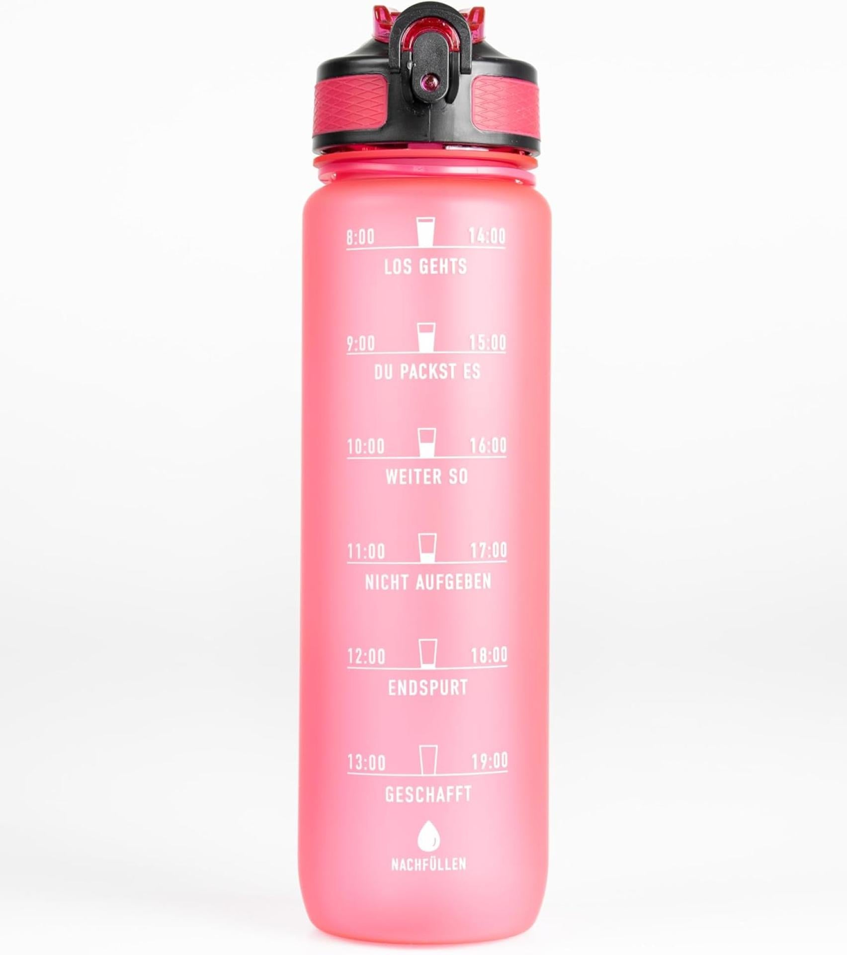 MOTIWATER Trinkflasche mit motivierenden Sprüchen & Uhrzeit - Variante: Pink ( Schrift weiß )
