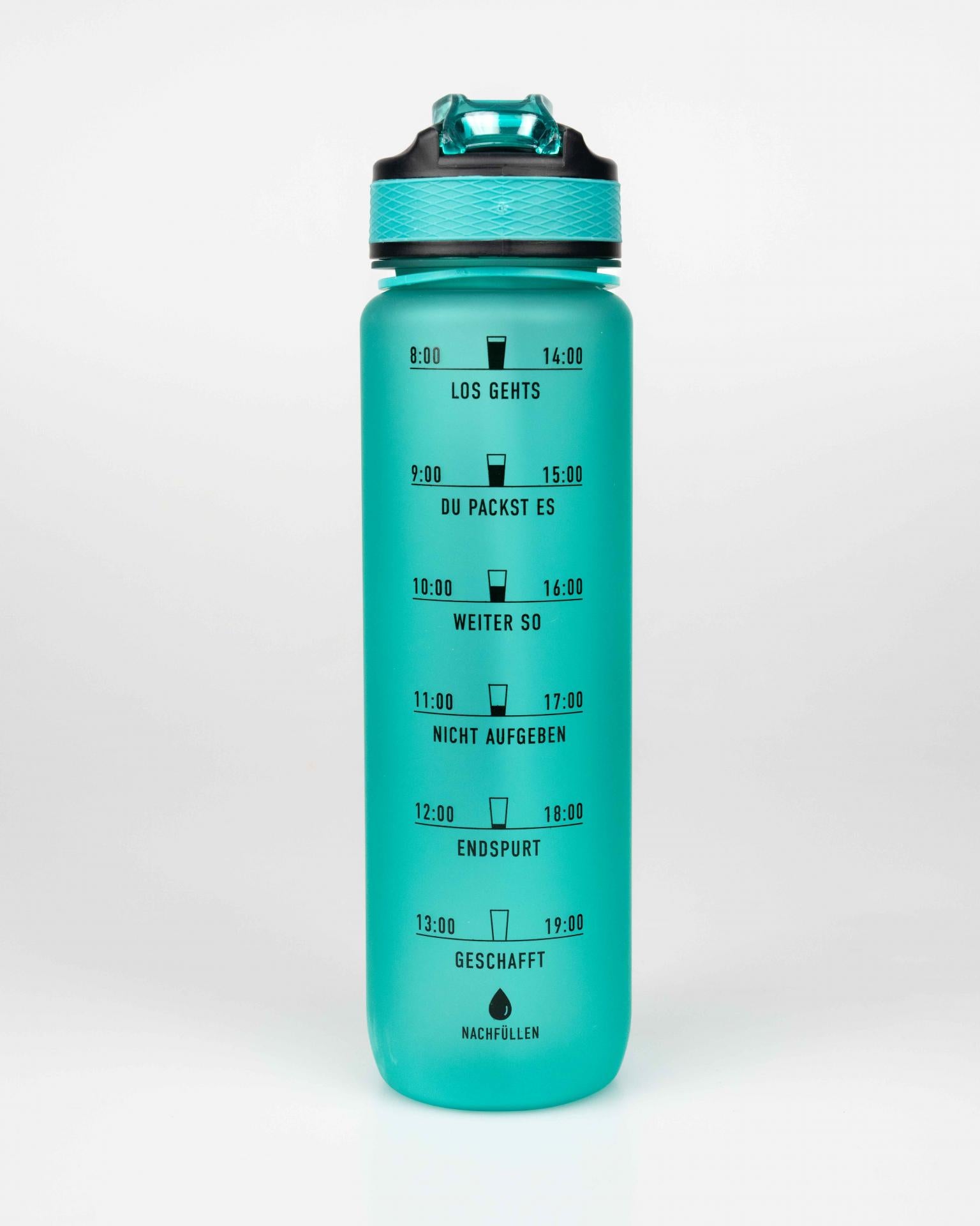 MOTIWATER Trinkflasche mit motivierenden Sprüchen & Uhrzeit - Variante: Grün (Schrift schwarz)