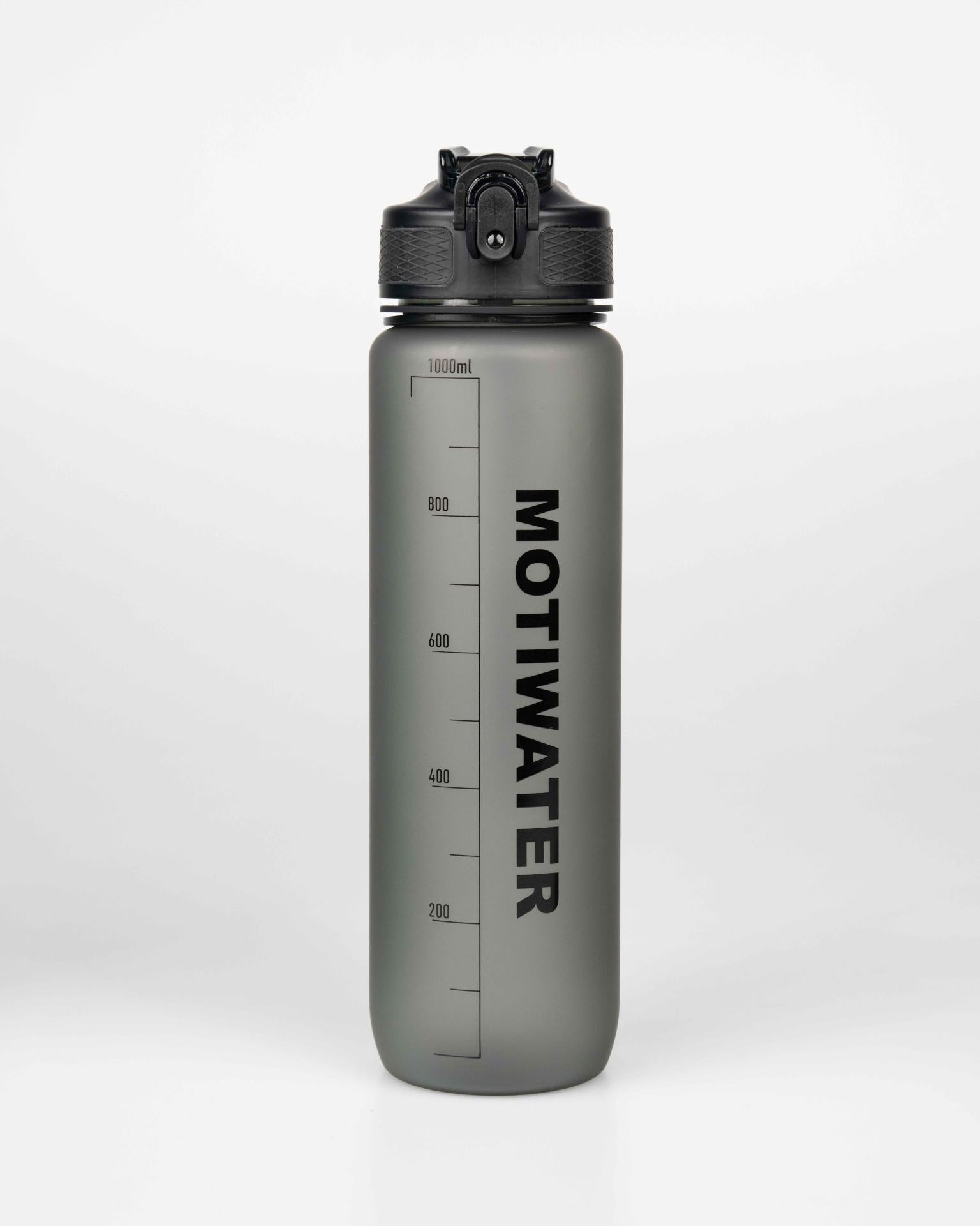MOTIWATER Trinkflasche mit motivierenden Sprüchen & Uhrzeit - Variante: Grau (Schrift schwarz)