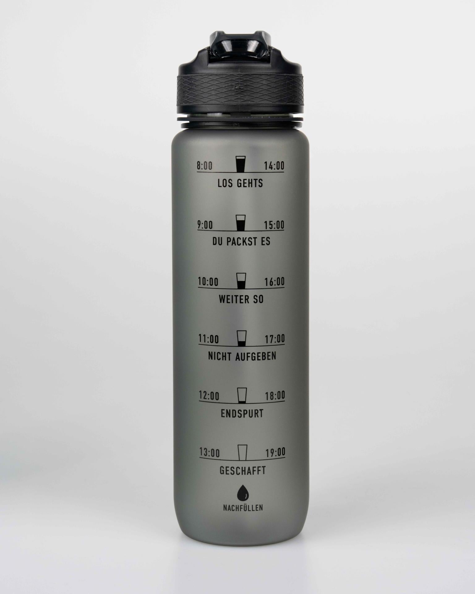 MOTIWATER Trinkflasche mit motivierenden Sprüchen & Uhrzeit - Variante: Grau (Schrift schwarz)