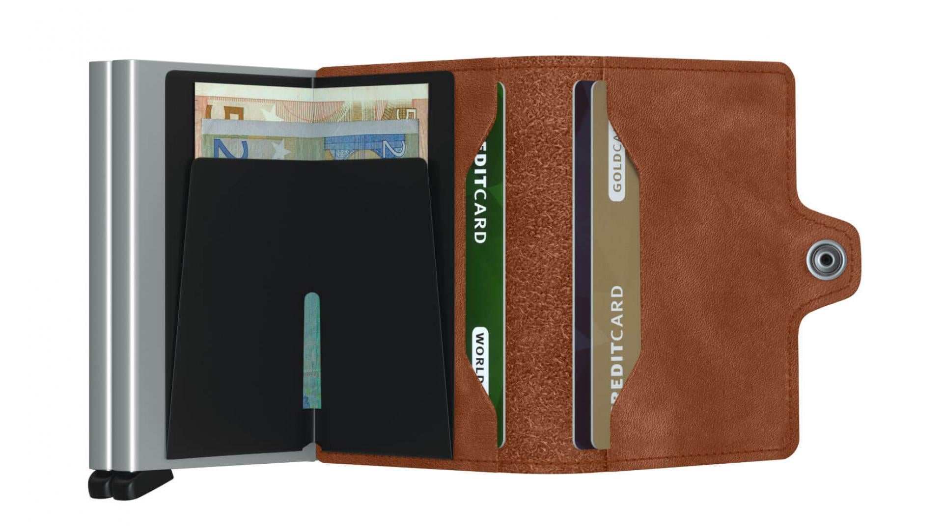 Kartenetui Geldbörse Twinwallet Herren viele Karten RFID Vintage - Farbe: Cognac-Silver