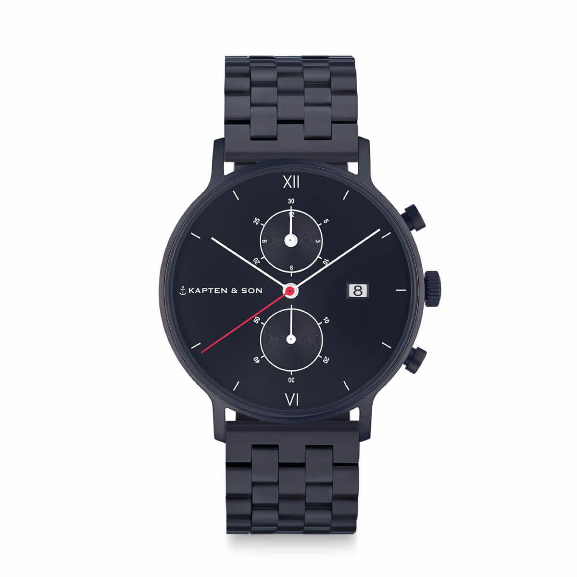 Kapten & Son Uhr Chrono Black Midnight Steel Schwarz 40 mm