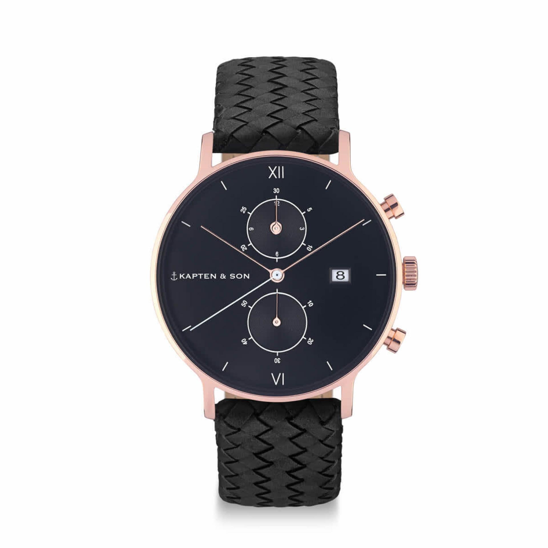 Kapten & Son Chronograph Chrono All Black Woven Schwarz Roségold 40 mm