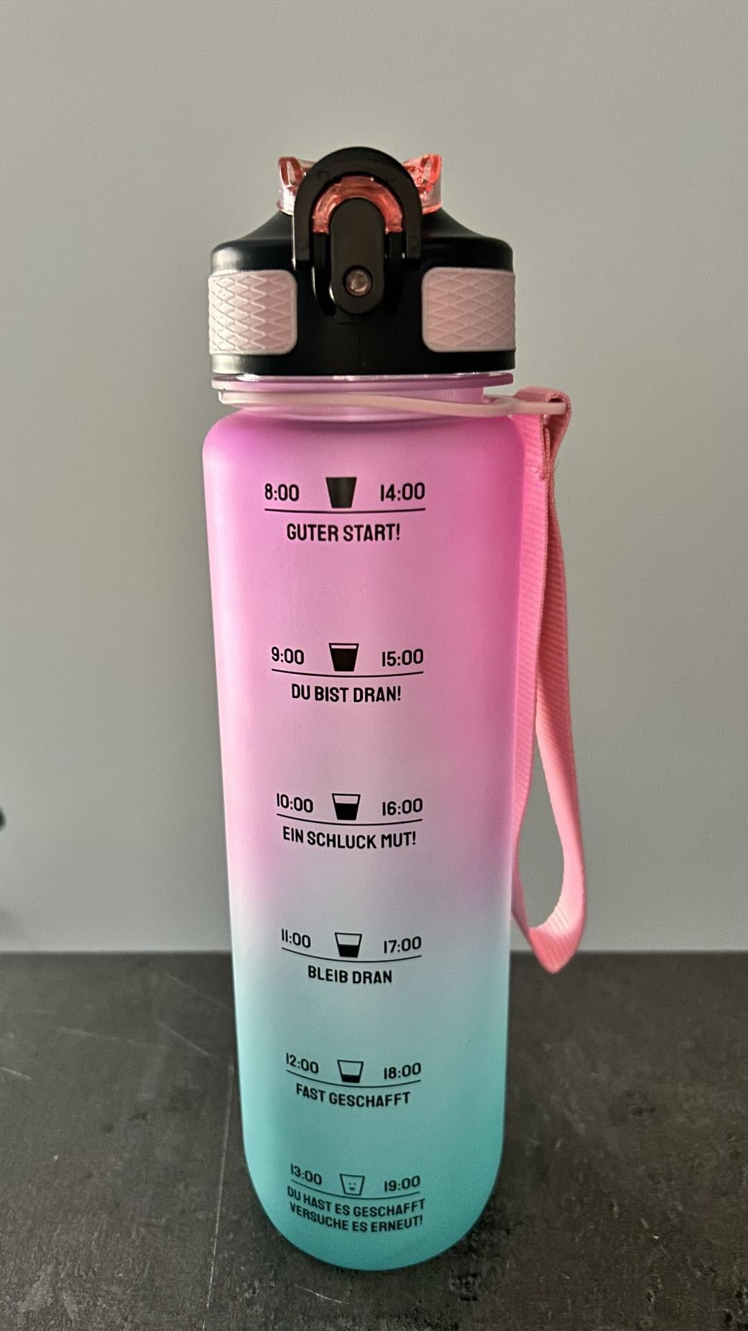 MOTIWATER Trinkflasche mit motivierenden Sprüchen & Uhrzeit - Variante: Türkis / Pink (Schrift schwarz)