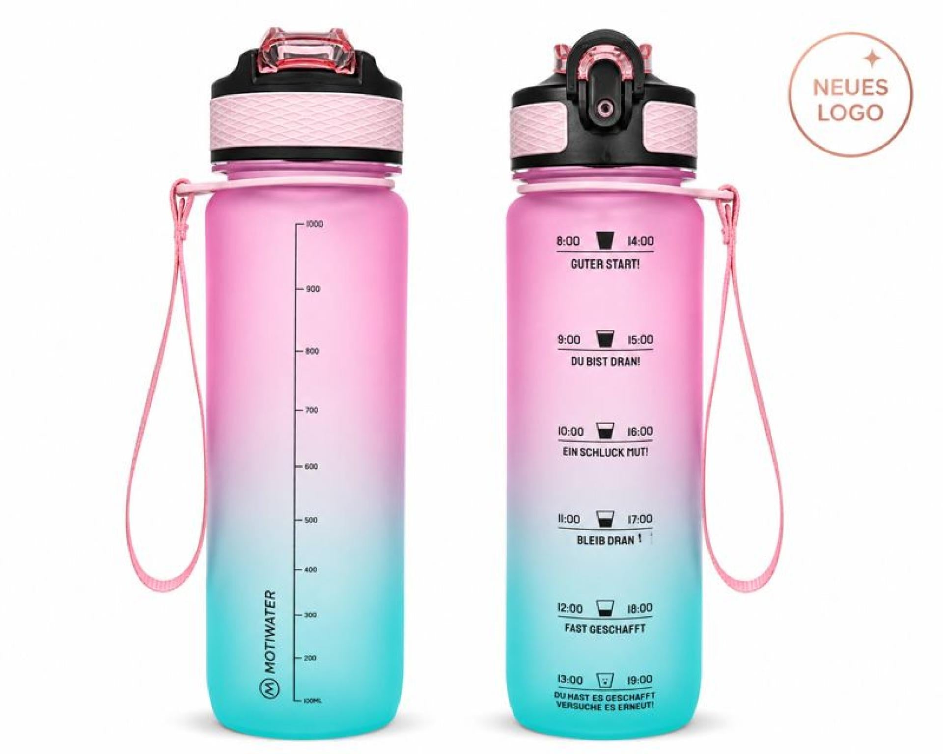 MOTIWATER Trinkflasche mit motivierenden Sprüchen & Uhrzeit - Variante: Türkis / Pink (Schrift schwarz)