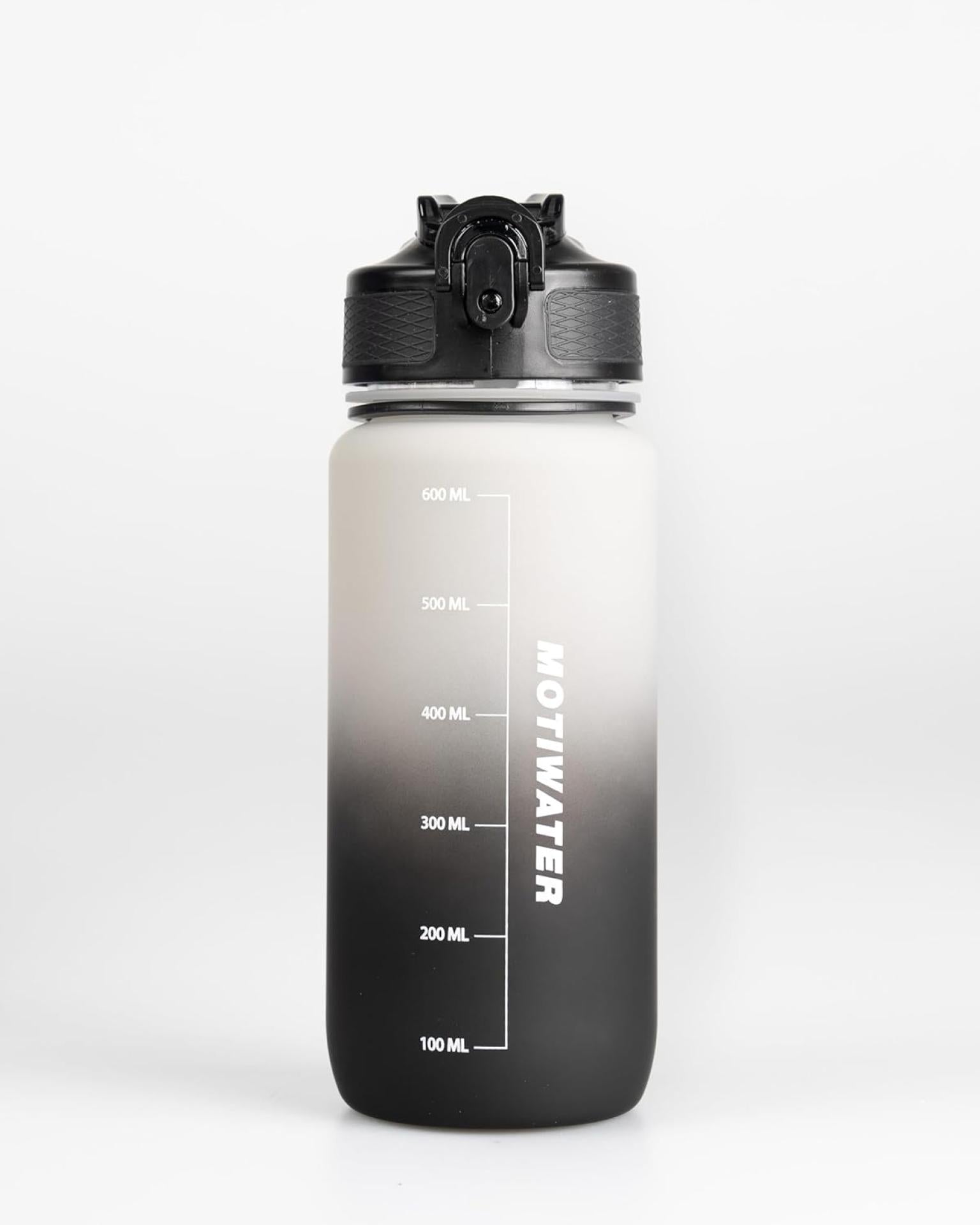 MOTIWATER 600ml Trinkflasche Small mit motivierenden Sprüchen & Uhrzeit - Variante: Schwarz / Weiss