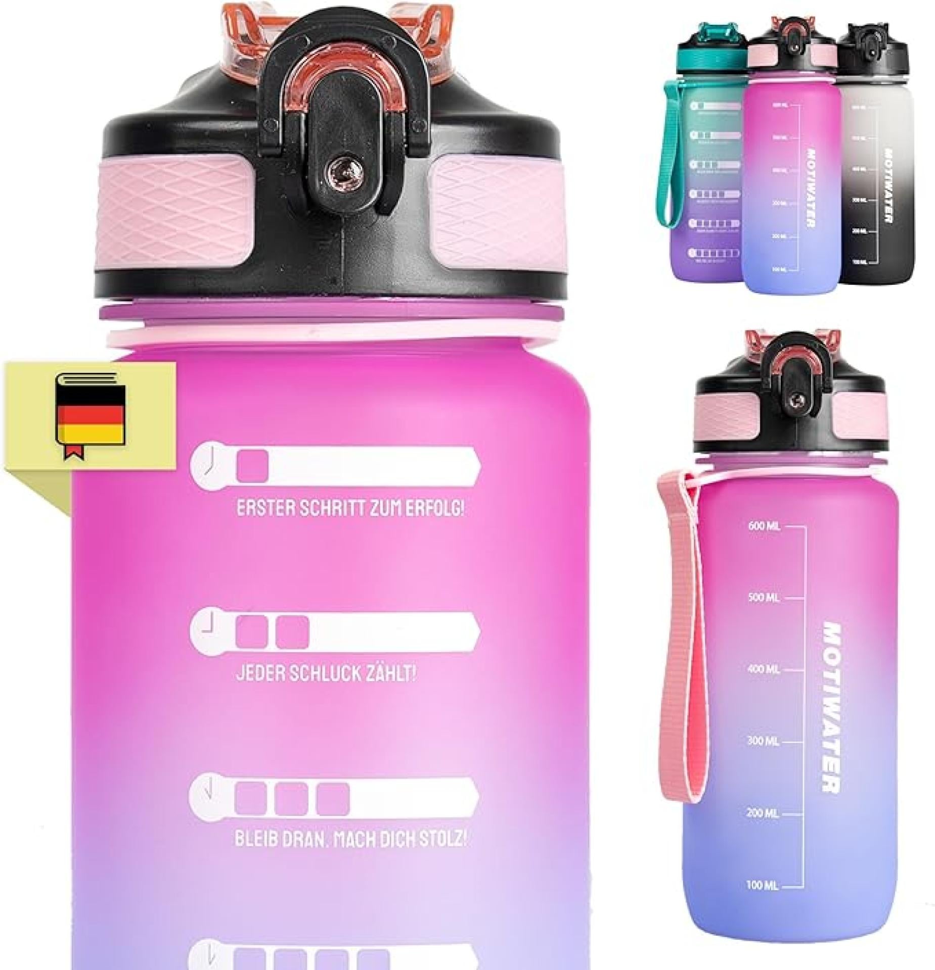 MOTIWATER 600ml Trinkflasche Small mit motivierenden Sprüchen & Uhrzeit - Variante: Pink / Lila