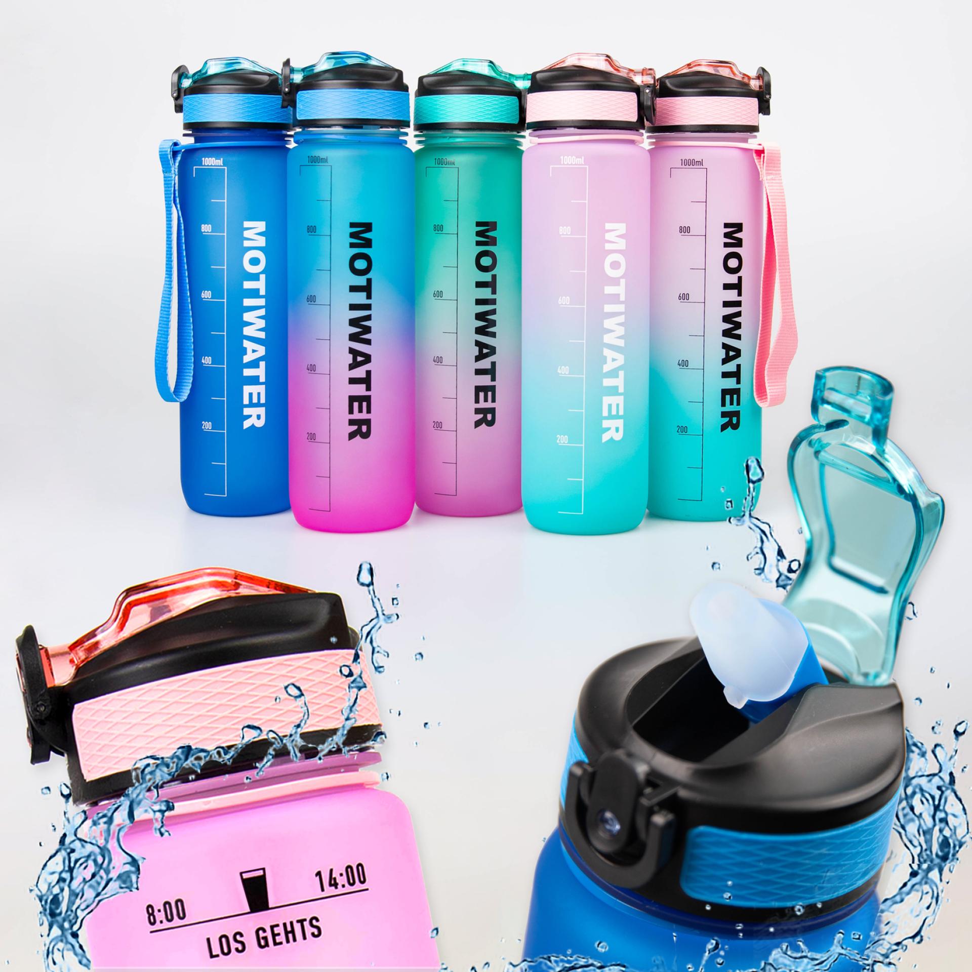 MOTIWATER Trinkflasche mit motivierenden Sprüchen & Uhrzeit - Variante: Grün (Schrift schwarz)