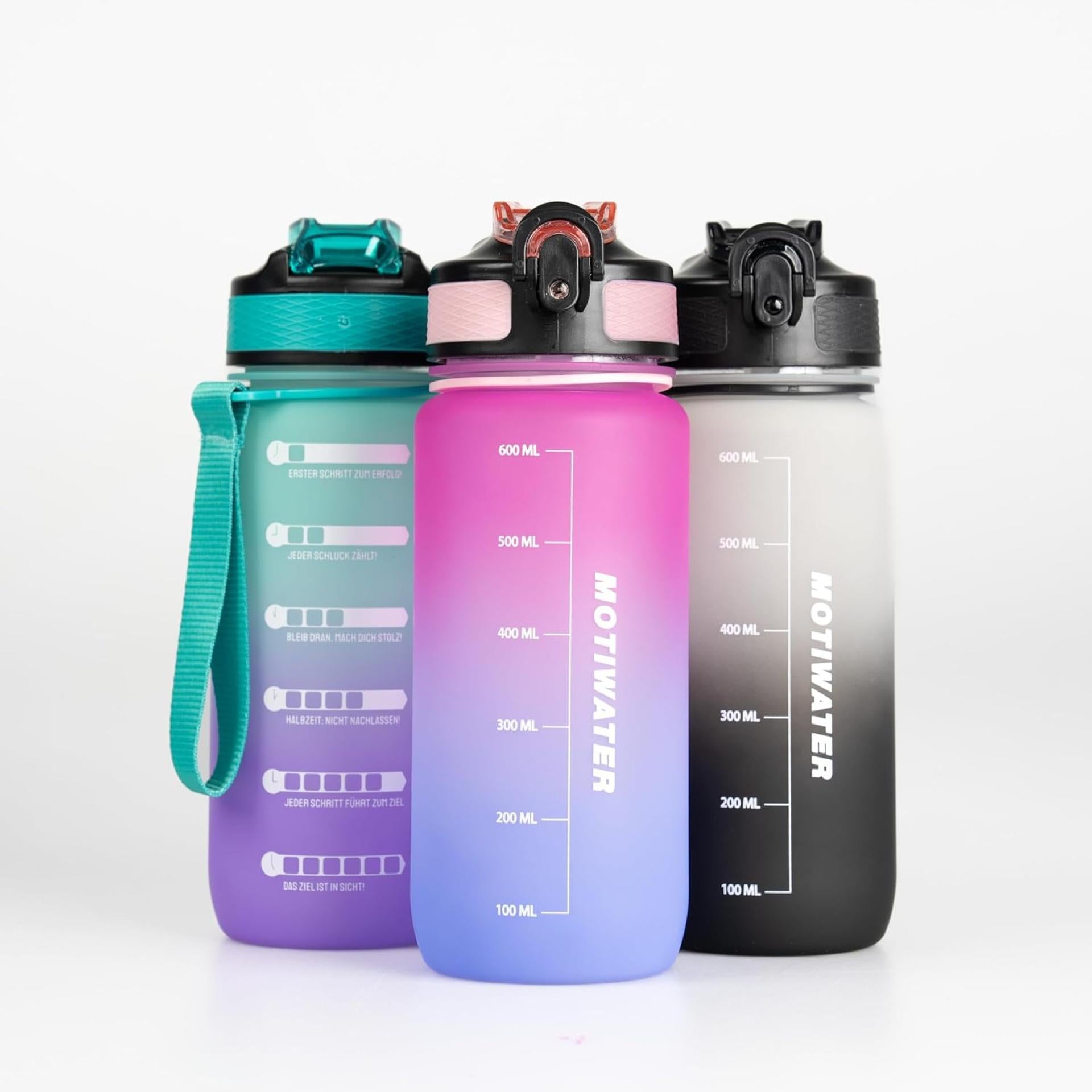 MOTIWATER 600ml Trinkflasche Small mit motivierenden Sprüchen & Uhrzeit - Variante: Schwarz / Weiss