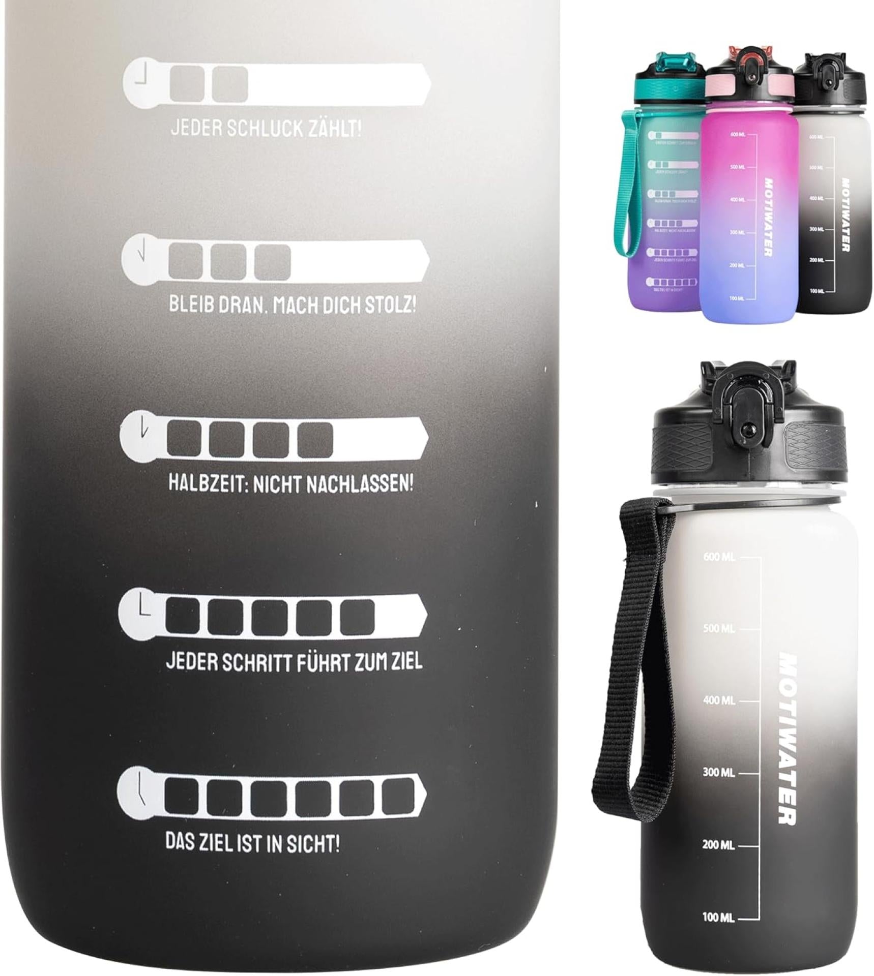 MOTIWATER 600ml Trinkflasche Small mit motivierenden Sprüchen & Uhrzeit - Variante: Schwarz / Weiss
