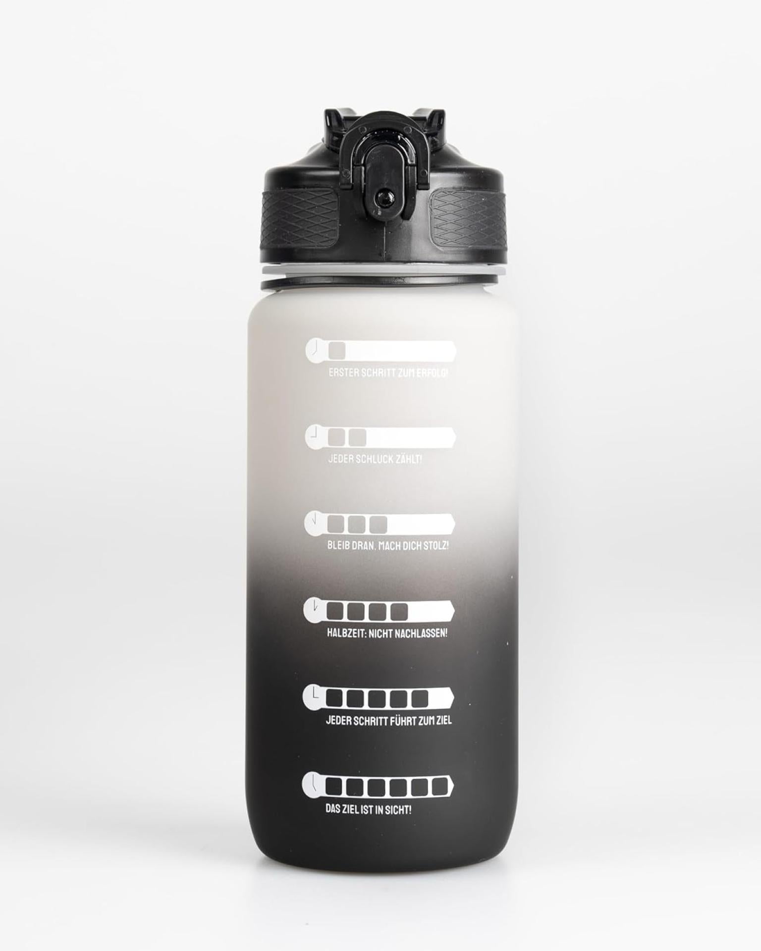 MOTIWATER 600ml Trinkflasche Small mit motivierenden Sprüchen & Uhrzeit - Variante: Schwarz / Weiss