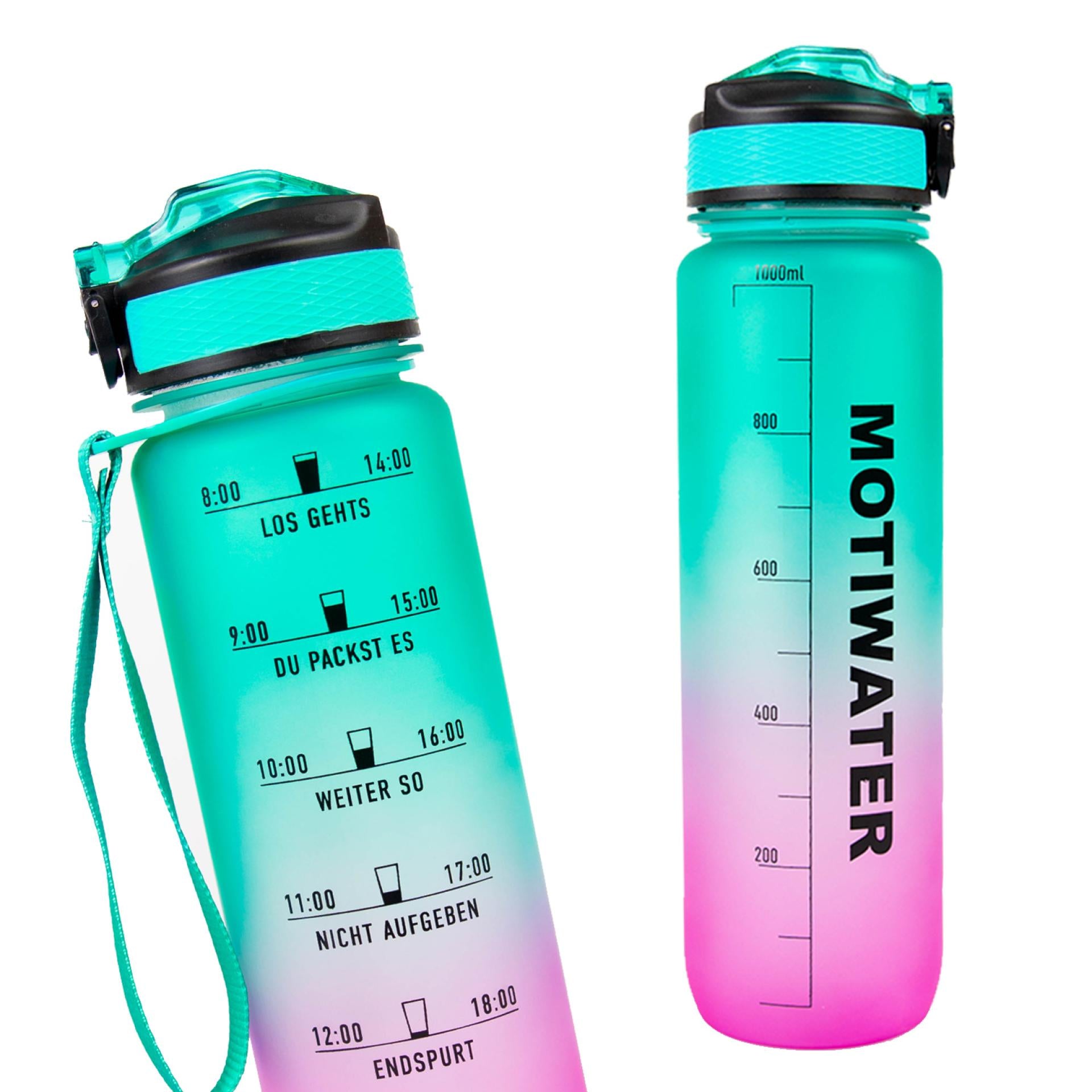 MOTIWATER Trinkflasche mit motivierenden Sprüchen & Uhrzeit - Variante: Grün / Pink (Schrift schwarz)