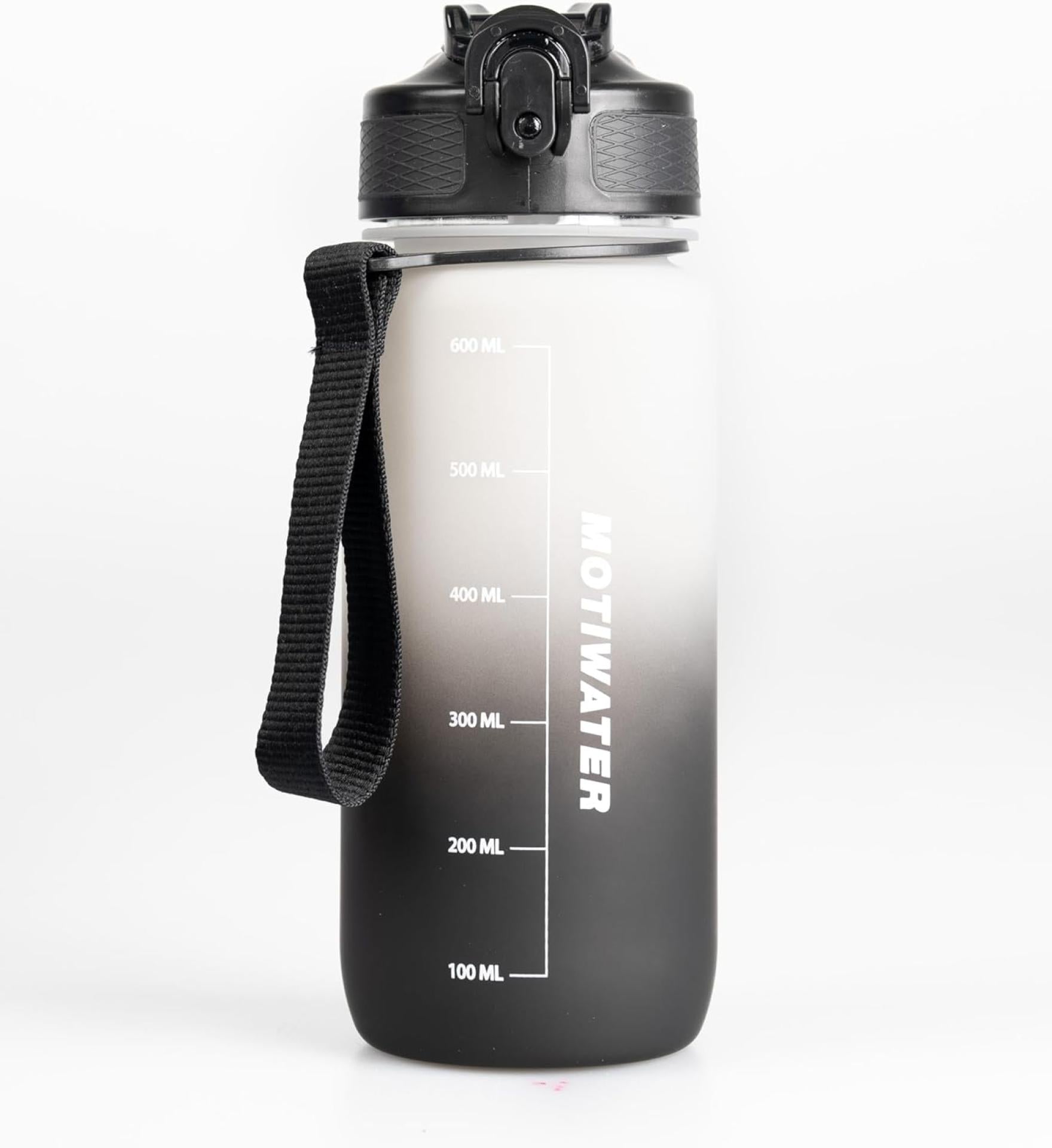MOTIWATER 600ml Trinkflasche Small mit motivierenden Sprüchen & Uhrzeit - Variante: Schwarz / Weiss