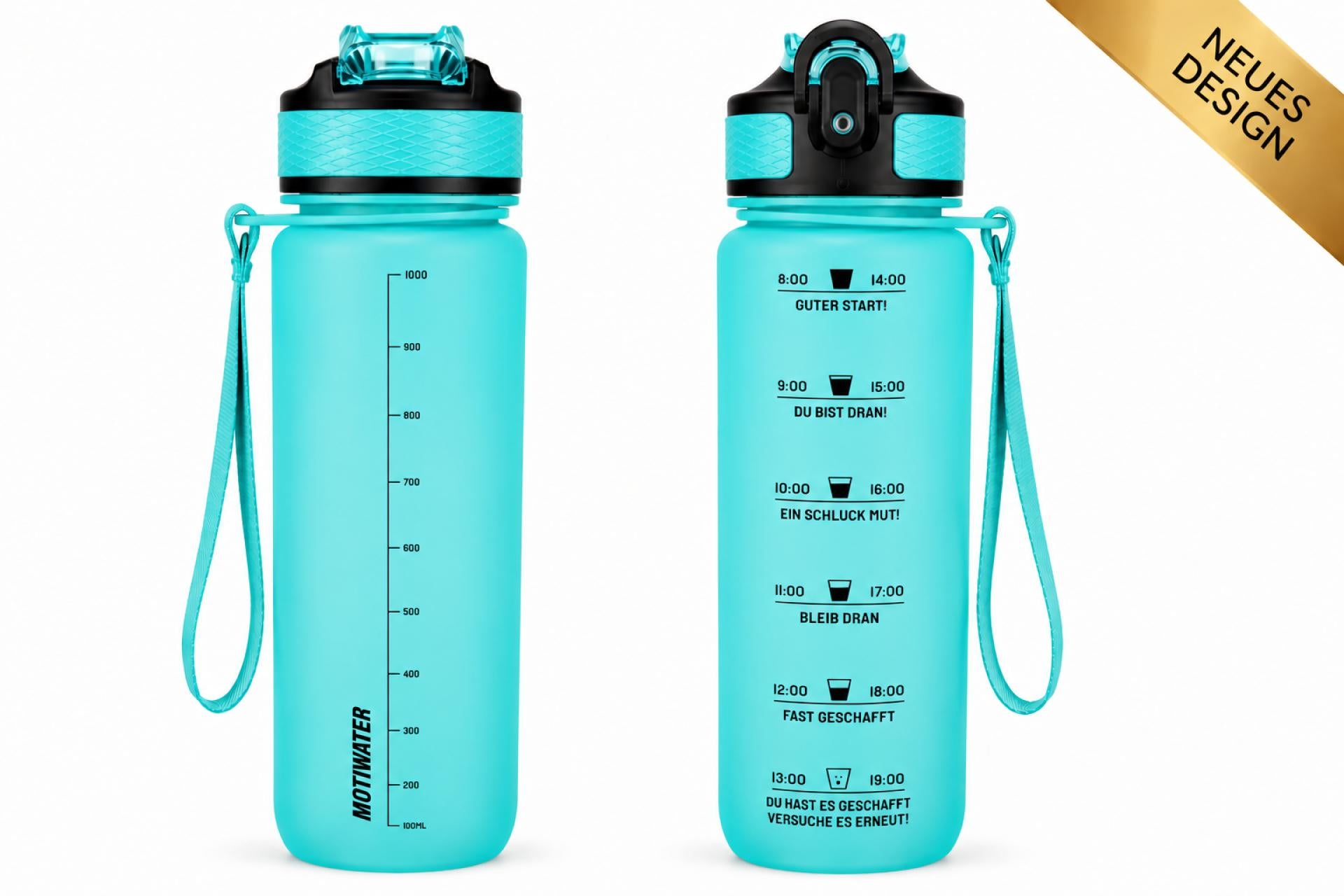 MOTIWATER Trinkflasche mit motivierenden Sprüchen & Uhrzeit - Variante: Grün (Schrift schwarz)
