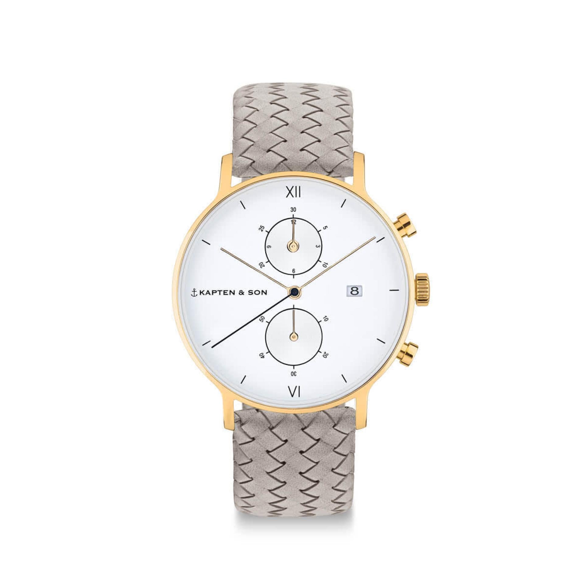 Kapten & Son Uhr Chrono Small Gold Grey Woven Leather 37 mm