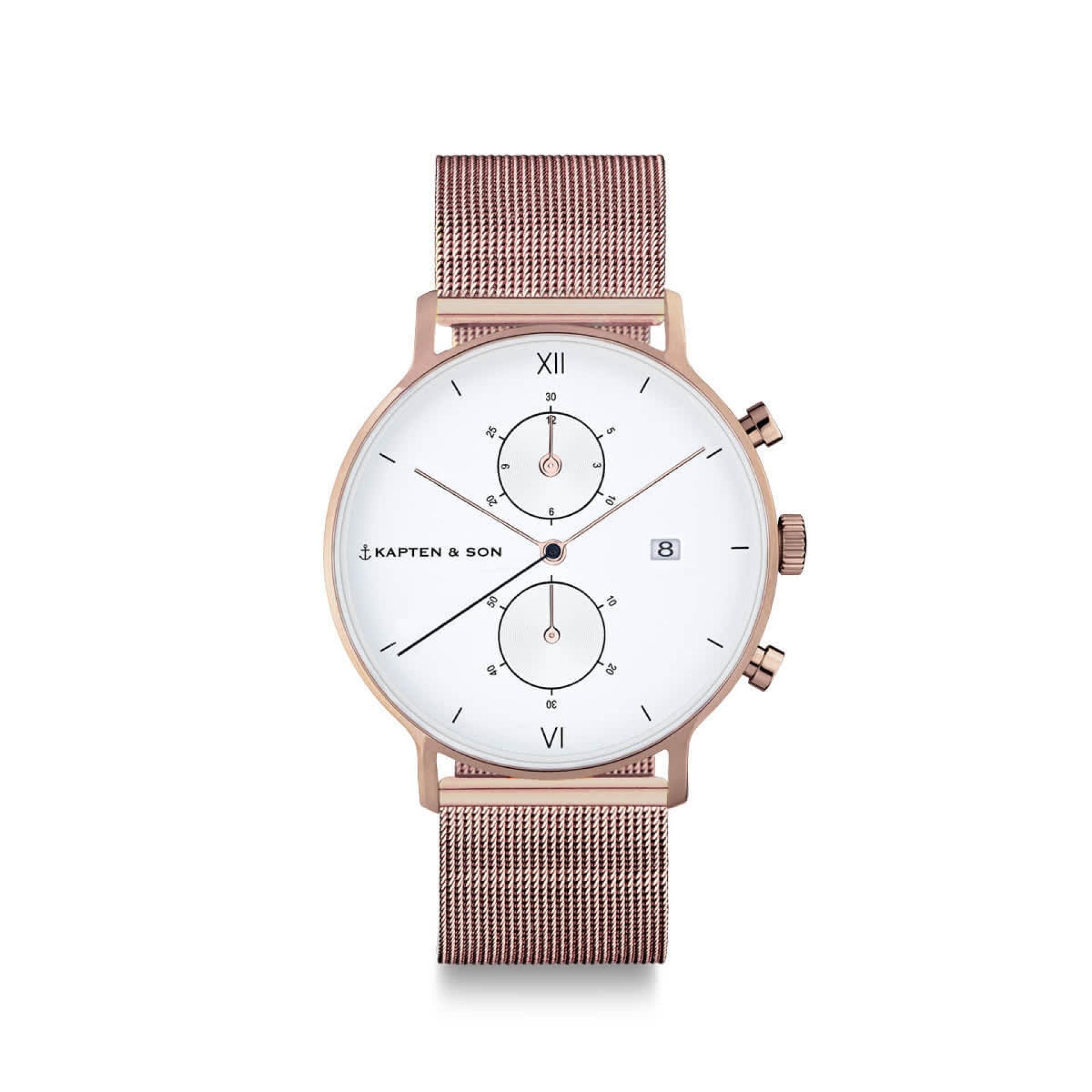 Kapten & Son Uhr Chrono Mesh Roségold Weiß 40mm