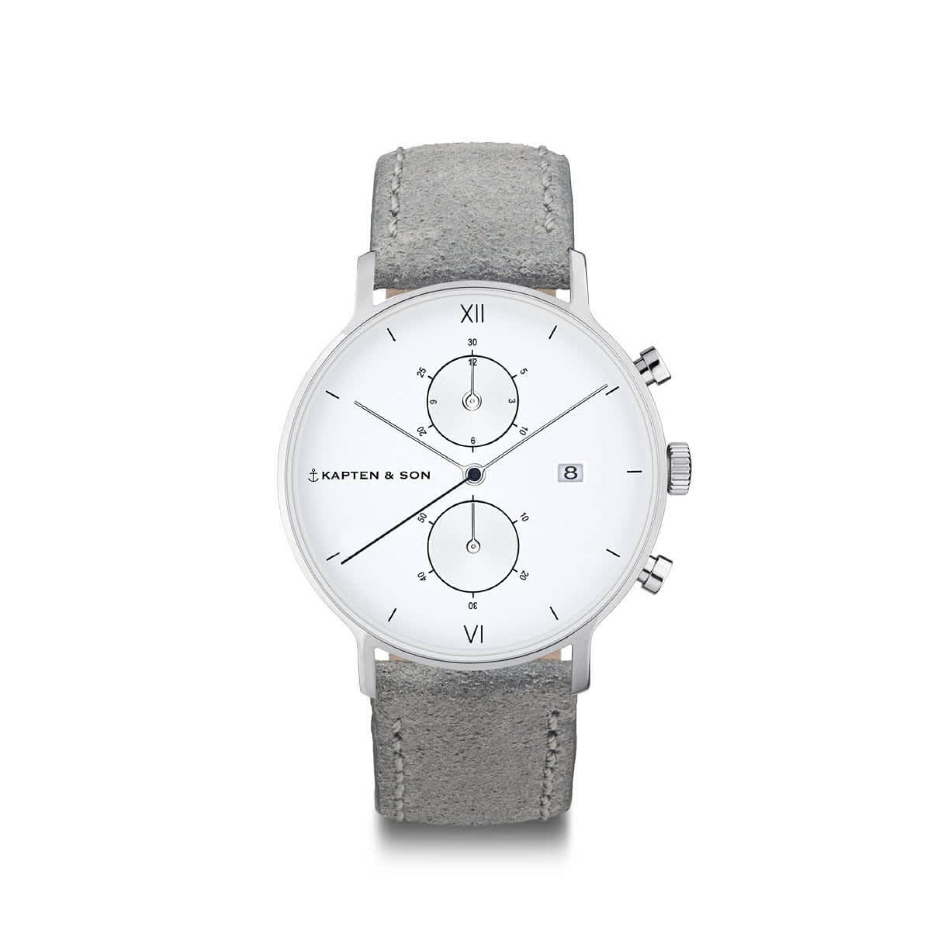 Kapten & Son Uhr Chrono Small Silver Grey Vintage Leather 37mm