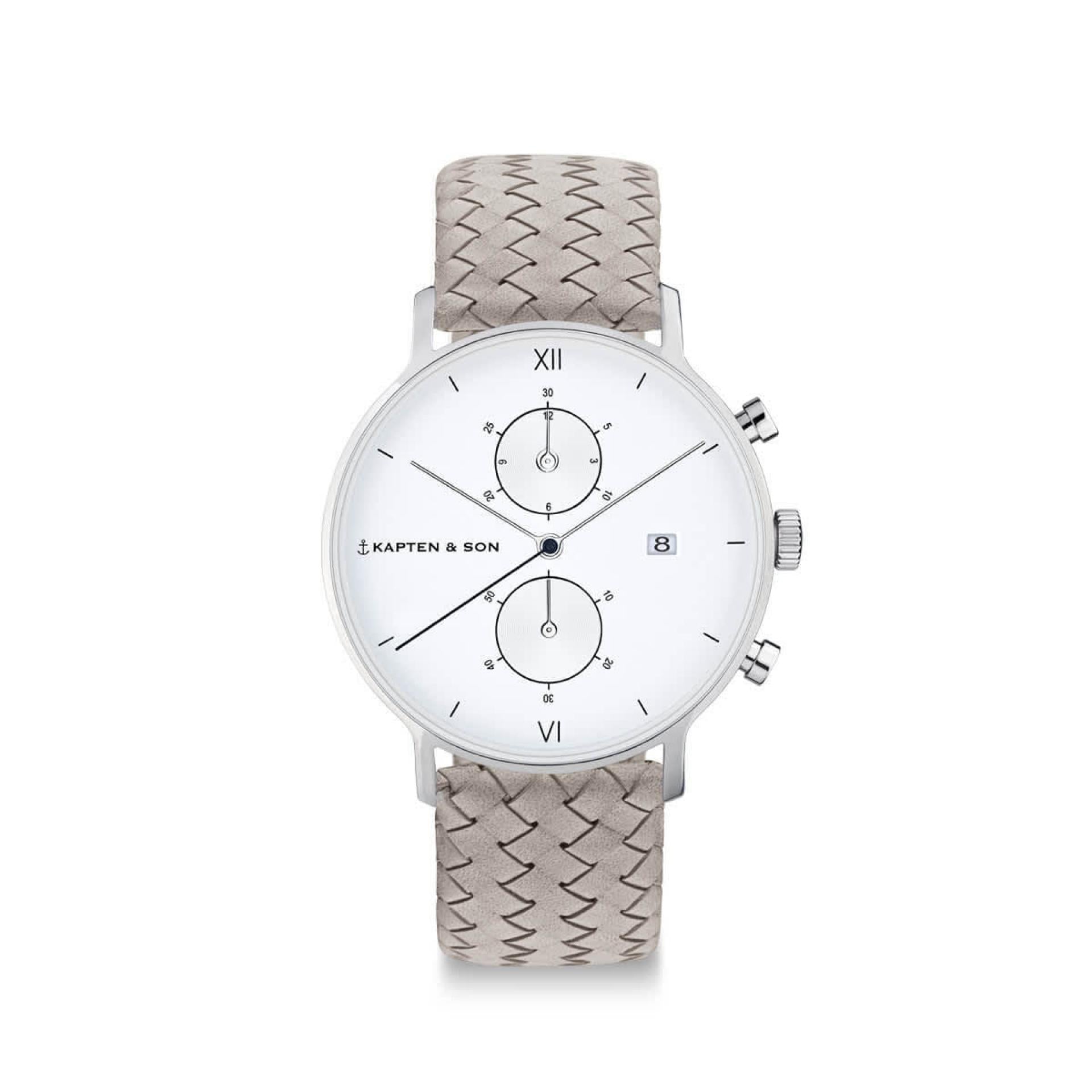 Kapten & Son Uhr Chrono Small Silver Grey Woven Leather 37mm