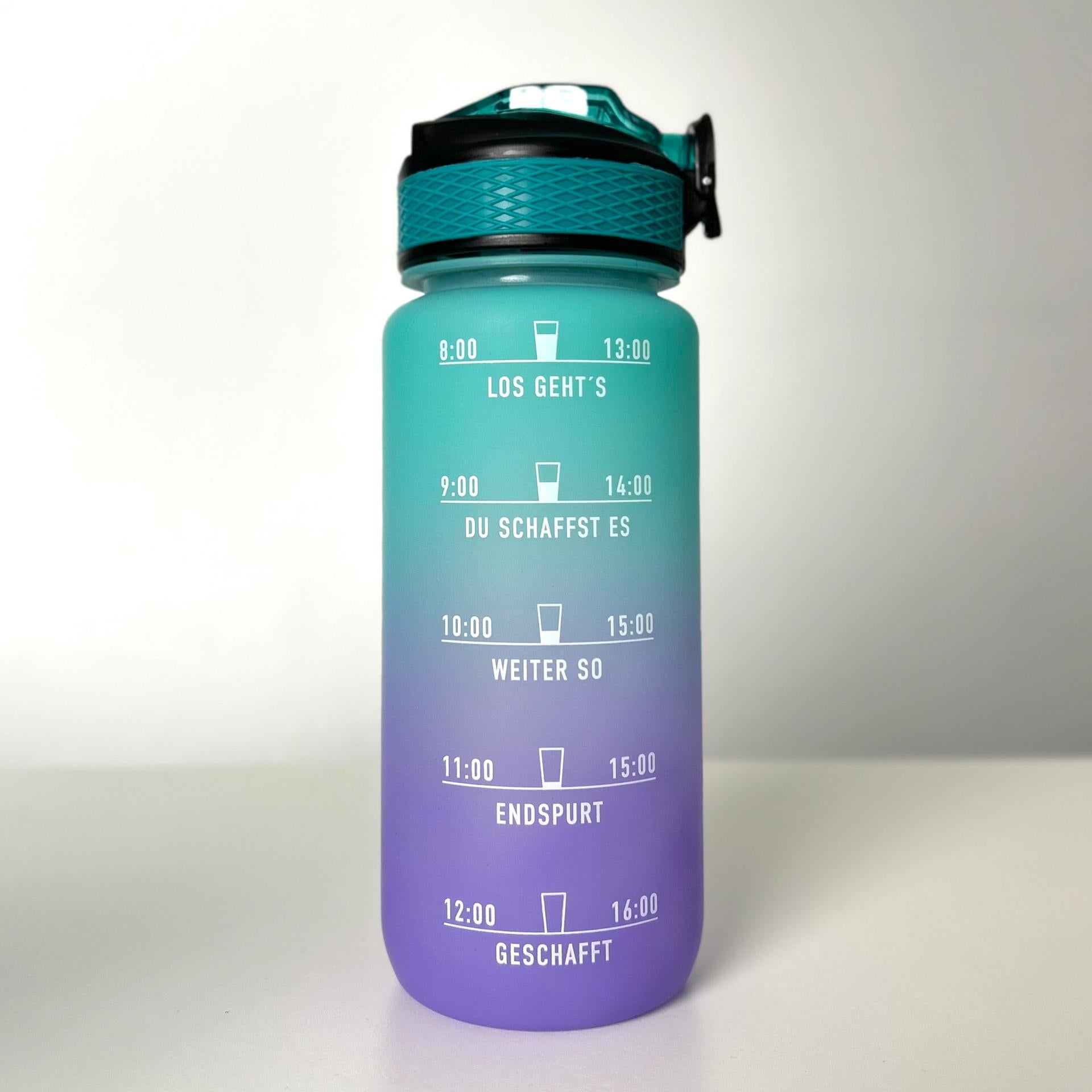 MOTIWATER Trinkflasche Small mit motivierenden Sprüchen & Uhrzeit - Variante: Lila / Grün