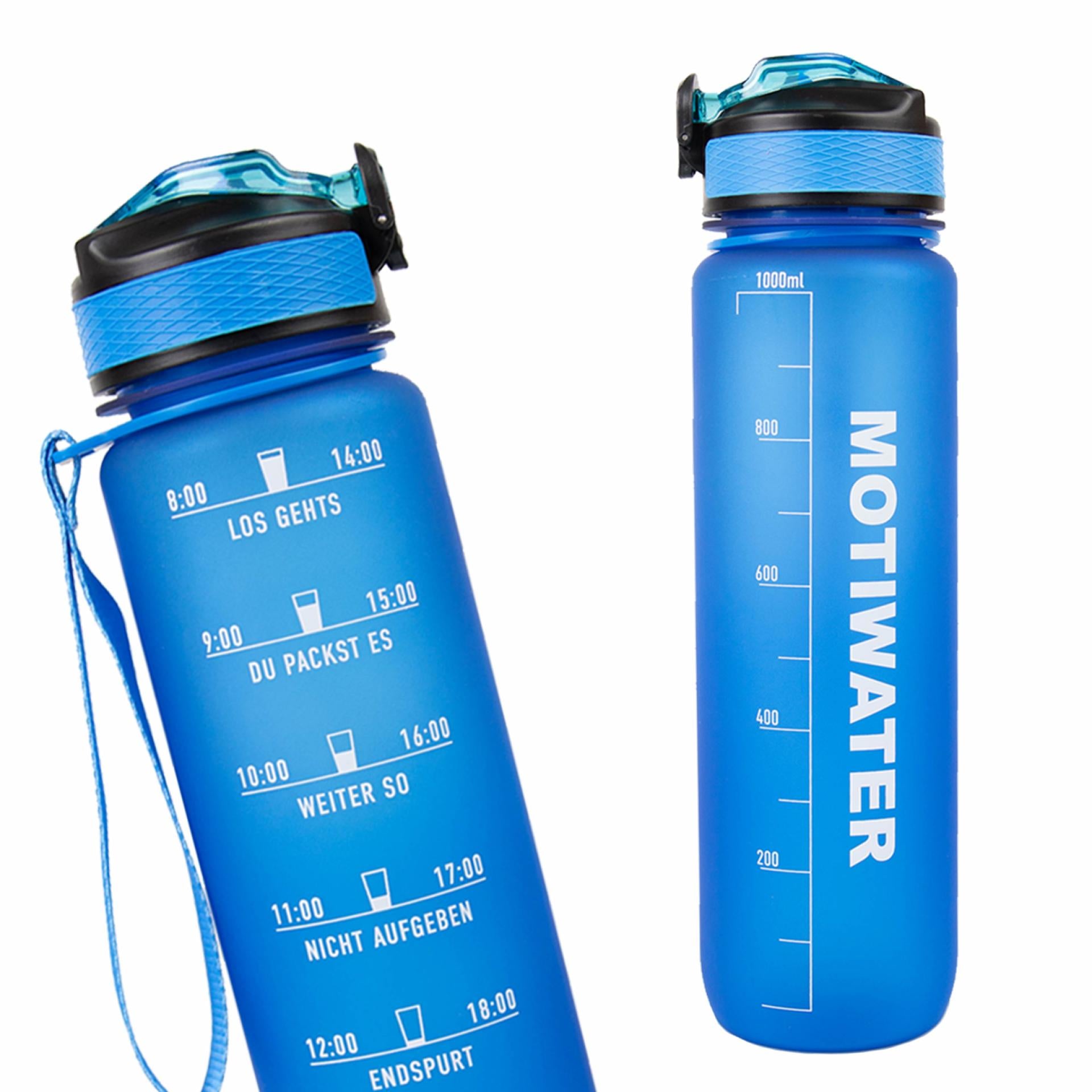 MOTIWATER Trinkflasche mit Motivierenden Sprüchen & Uhrzeit auf deutsch dein motivierender Trinkbegleiter - Variante: Blau / Weiß