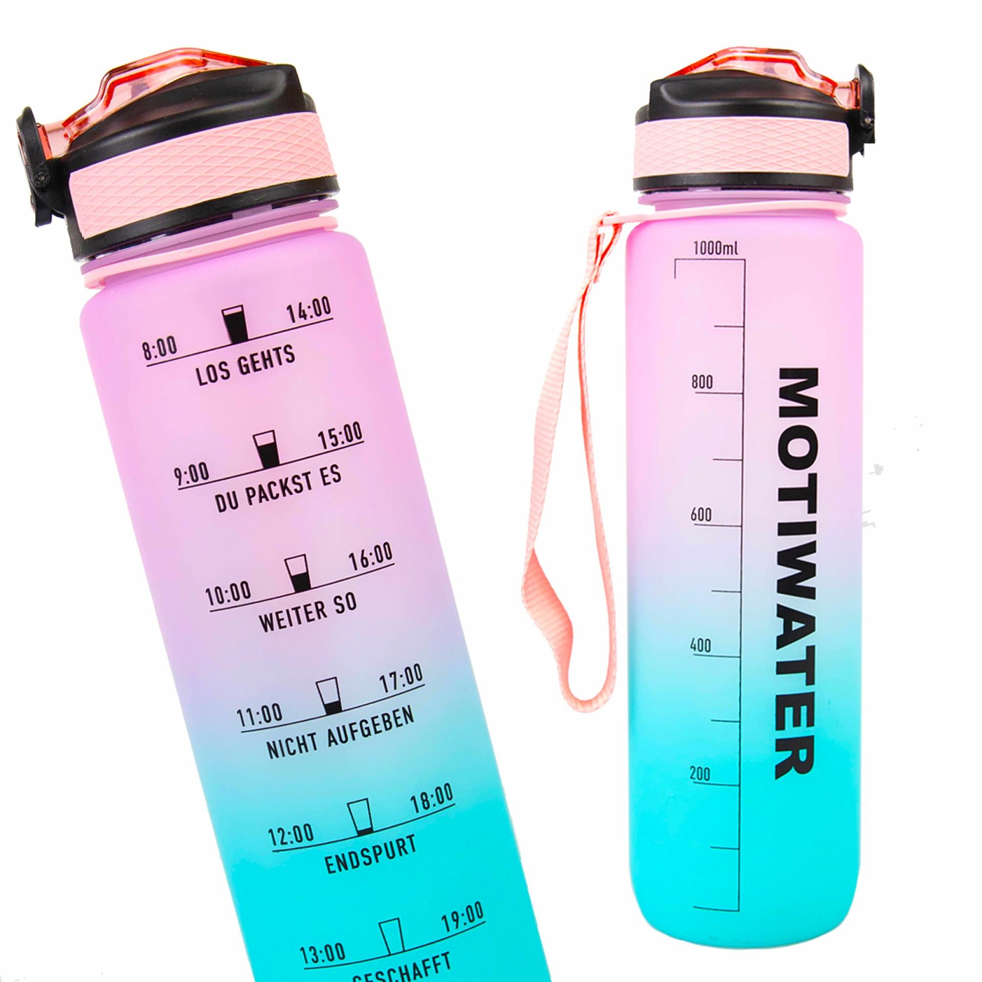 MOTIWATER Trinkflasche mit Motivierenden Sprüchen & Uhrzeit auf deutsch dein motivierender Trinkbegleiter - Variante: Türkis / Pink